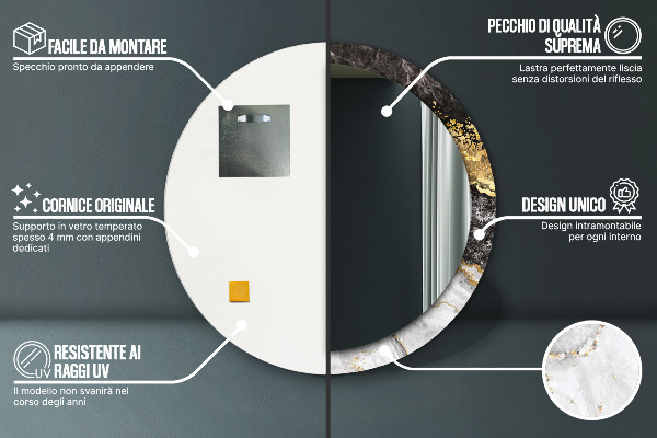 Miroir rond cadre avec impression Marbre et or
