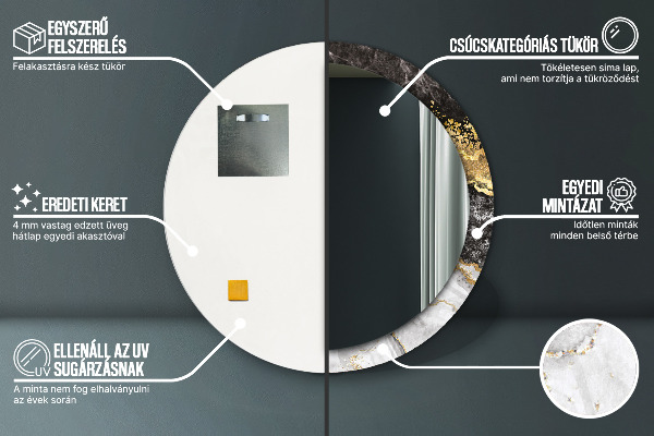 Miroir rond cadre avec impression Marbre et or