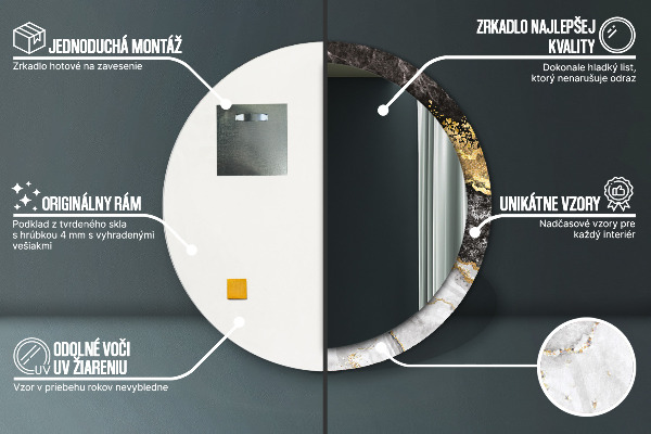 Miroir rond cadre avec impression Marbre et or