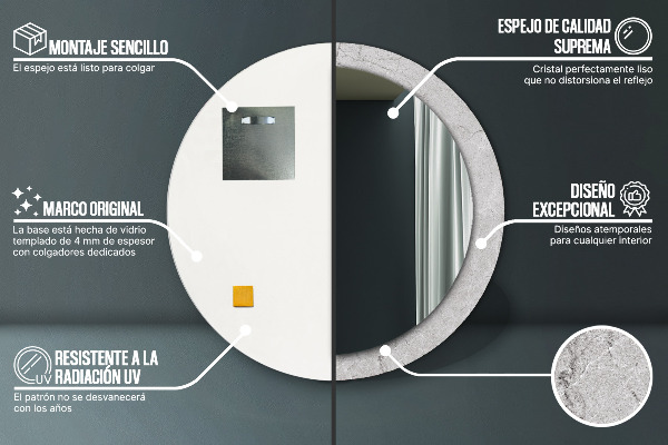 Miroir rond cadre avec impression Ciment gris