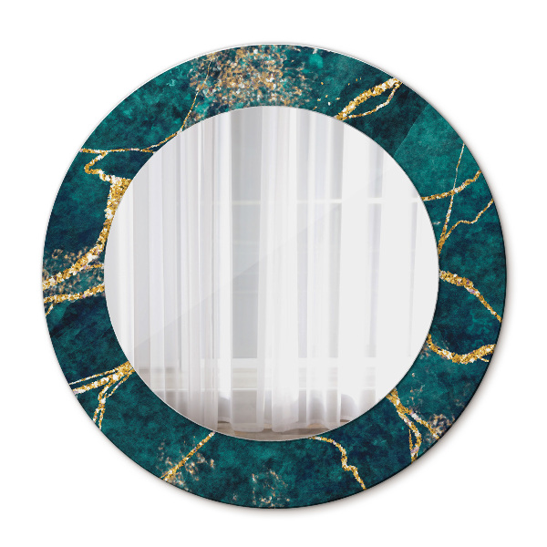 Miroir rond cadre avec impression Marbre de malachite vert