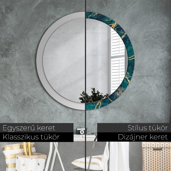 Miroir rond cadre avec impression Marbre de malachite vert