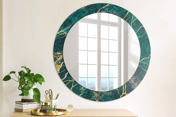 Miroir rond cadre avec impression Marbre de malachite vert