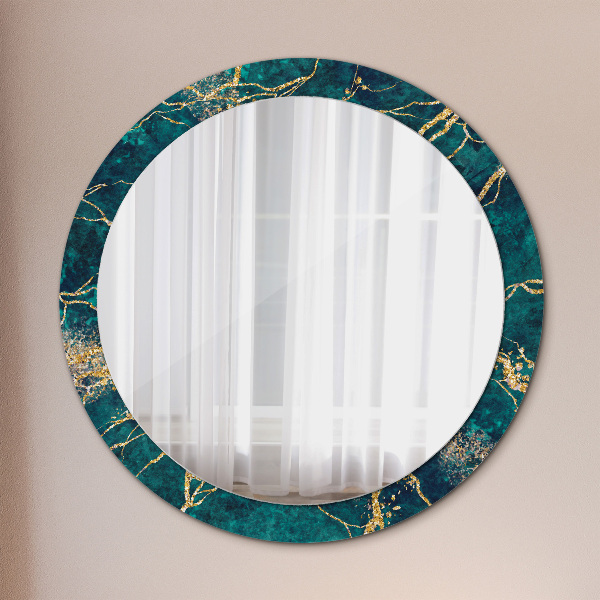 Miroir rond cadre avec impression Marbre de malachite vert