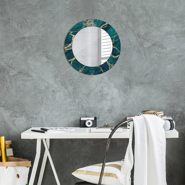 Miroir rond cadre avec impression Marbre de malachite vert