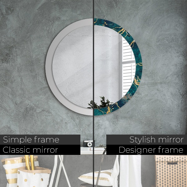 Miroir rond cadre avec impression Marbre de malachite vert