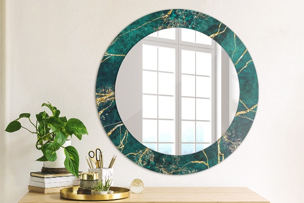 Miroir rond cadre avec impression Marbre de malachite vert