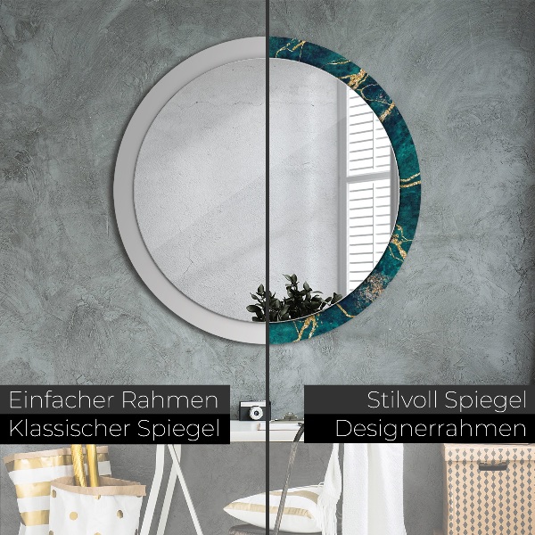 Miroir rond cadre avec impression Marbre de malachite vert