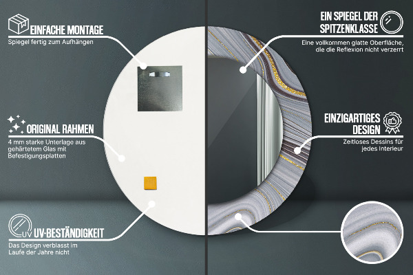 Miroir rond cadre avec impression Marbre gris