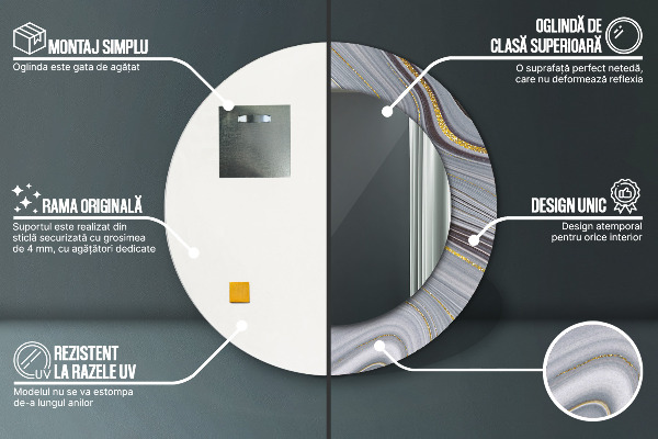 Miroir rond cadre avec impression Marbre gris