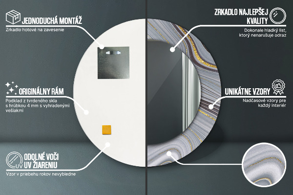 Miroir rond cadre avec impression Marbre gris