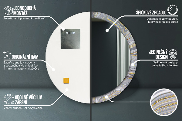 Miroir rond cadre avec impression Marbre gris