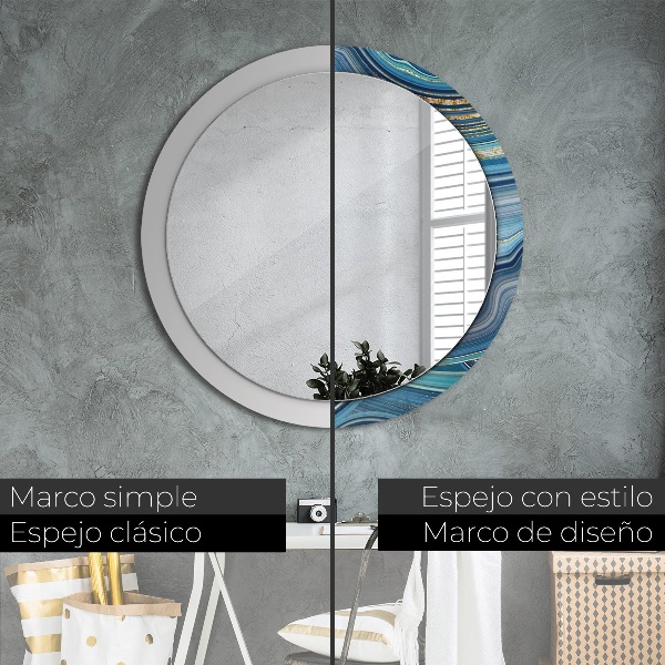 Miroir rond cadre avec impression Marbre bleu