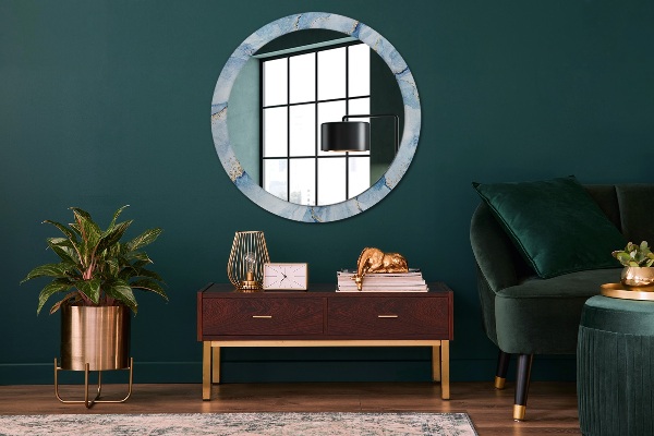 Miroir rond cadre avec impression Or marbre bleu