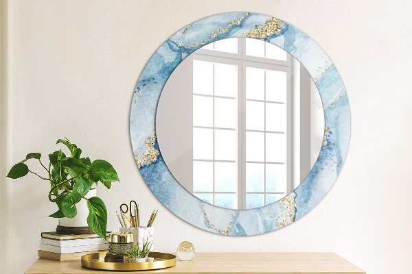 Miroir rond cadre avec impression Or marbre bleu
