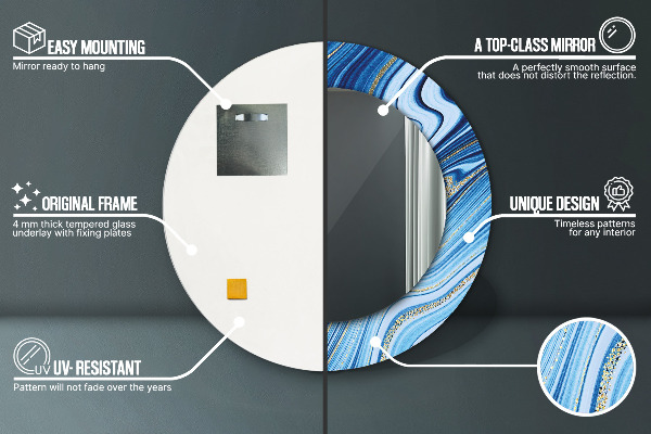 Miroir rond cadre avec impression Marbre bleu