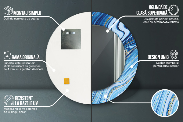 Miroir rond cadre avec impression Marbre bleu