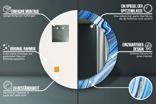 Miroir rond cadre avec impression Marbre bleu