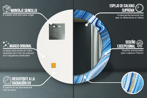 Miroir rond cadre avec impression Marbre bleu