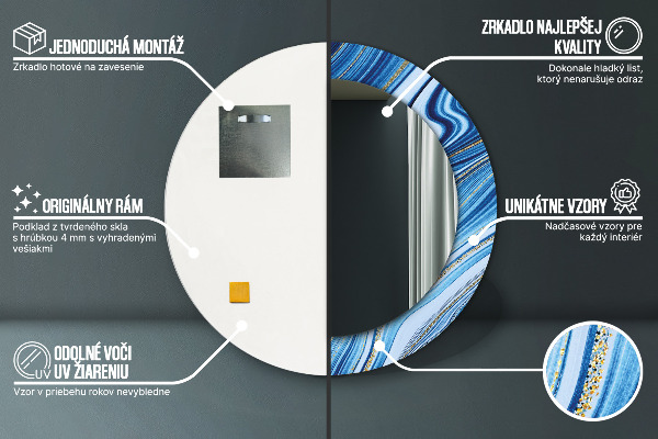 Miroir rond cadre avec impression Marbre bleu