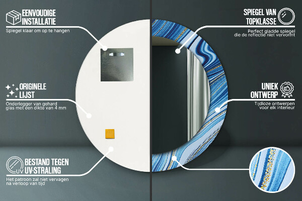 Miroir rond cadre avec impression Marbre bleu