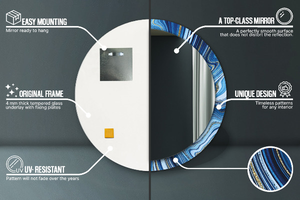 Miroir rond cadre avec impression Marbre bleu