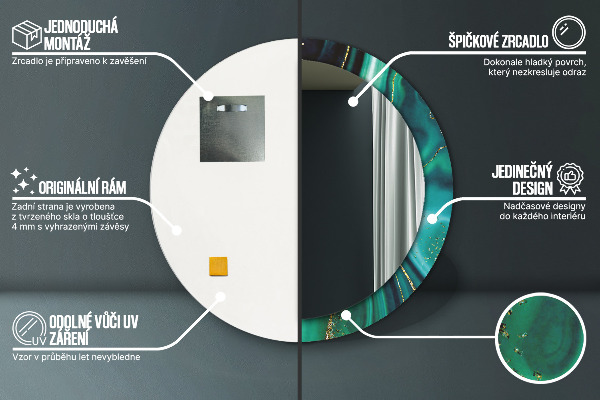 Miroir rond cadre avec impression Marbre émeraude