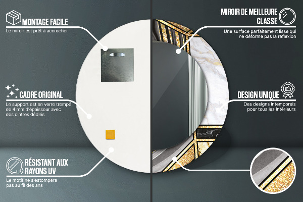 Miroir rond cadre avec impression Marbre agat et or
