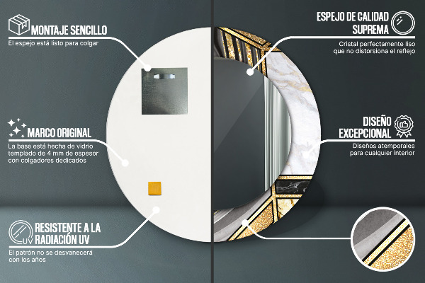 Miroir rond cadre avec impression Marbre agat et or