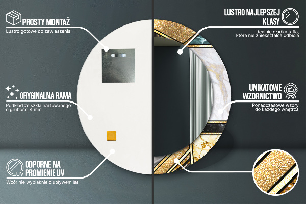 Miroir rond cadre avec impression Marbre agat et or