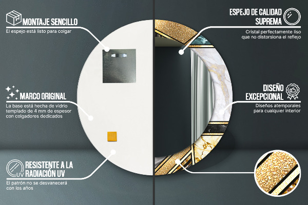 Miroir rond cadre avec impression Marbre agat et or