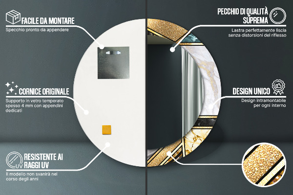Miroir rond cadre avec impression Marbre agat et or