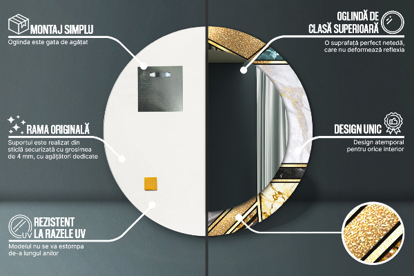 Miroir rond cadre avec impression Marbre agat et or