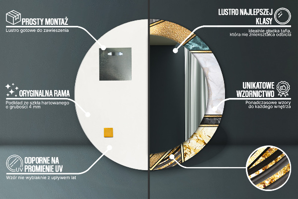 Miroir rond cadre avec impression Marbre agat et or