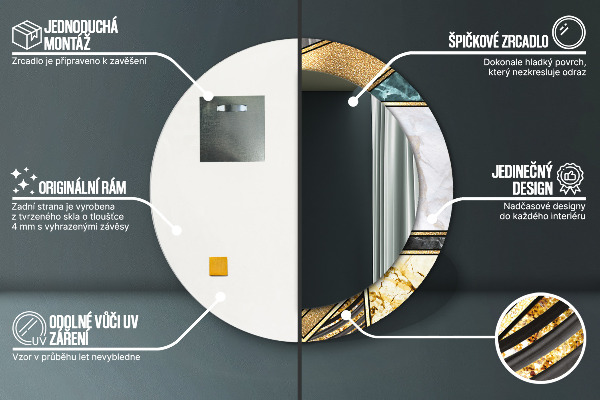 Miroir rond cadre avec impression Marbre agat et or