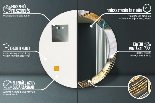 Miroir rond cadre avec impression Marbre agat et or