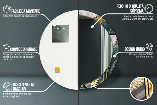 Miroir rond cadre avec impression Marbre agat et or