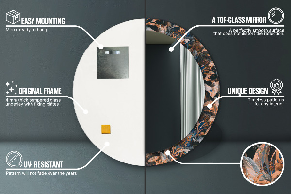 Miroir rond cadre avec impression Feuilles tropicales sombres