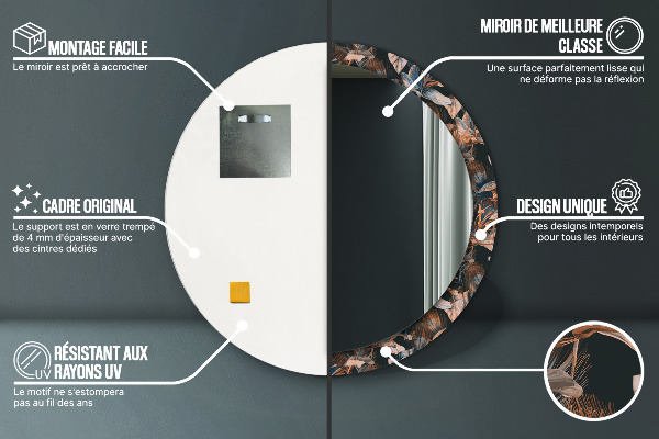 Miroir rond cadre avec impression Feuilles tropicales sombres
