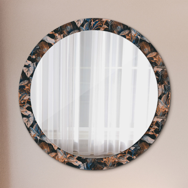 Miroir rond cadre avec impression Feuilles tropicales sombres