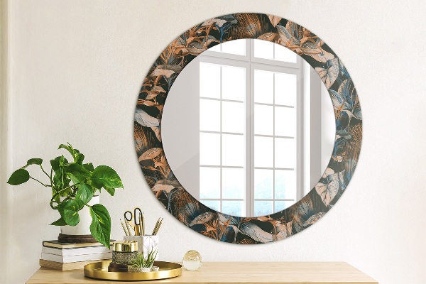 Miroir rond cadre avec impression Feuilles tropicales sombres