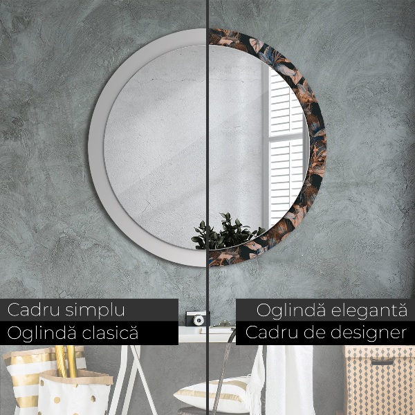 Miroir rond cadre avec impression Feuilles tropicales sombres