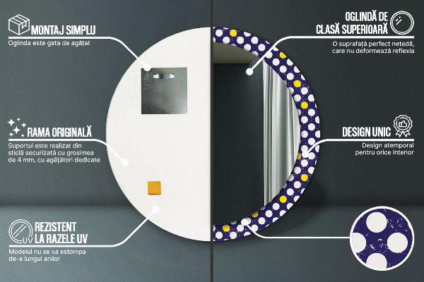 Miroir rond cadre avec impression Points rétro