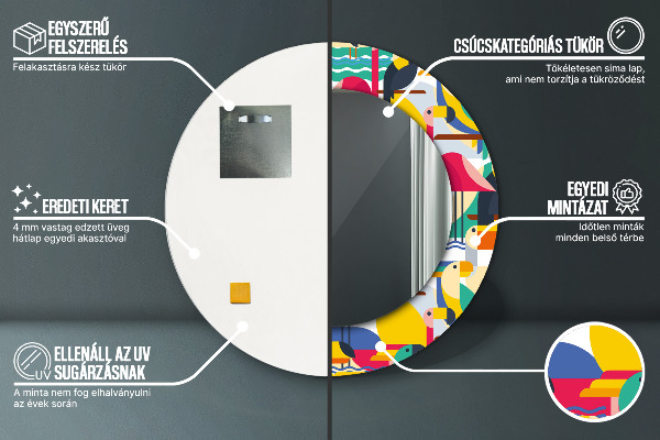 Miroir rond cadre avec impression Oiseaux tropicaux géométriques