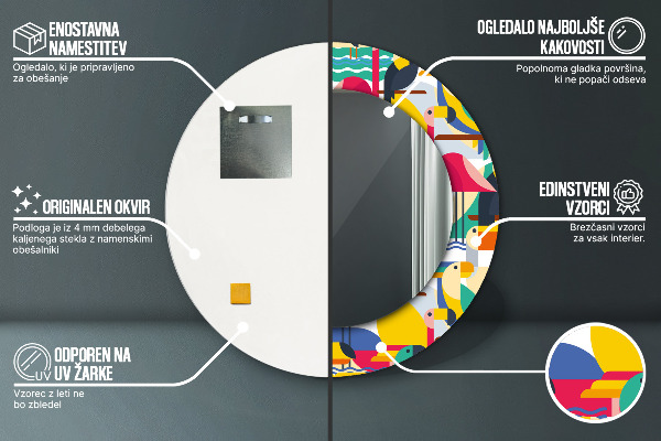 Miroir rond cadre avec impression Oiseaux tropicaux géométriques