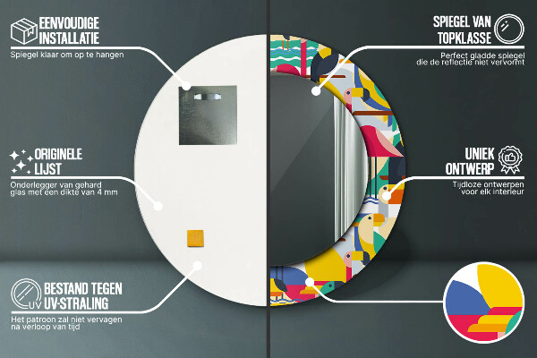 Miroir rond cadre avec impression Oiseaux tropicaux géométriques
