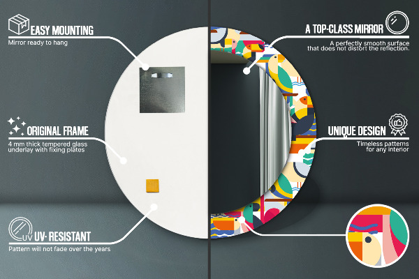 Miroir rond cadre avec impression Oiseaux tropicaux géométriques