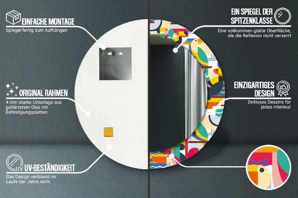 Miroir rond cadre avec impression Oiseaux tropicaux géométriques