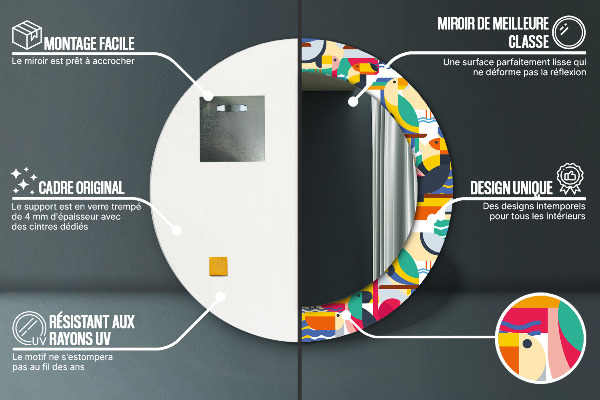Miroir rond cadre avec impression Oiseaux tropicaux géométriques