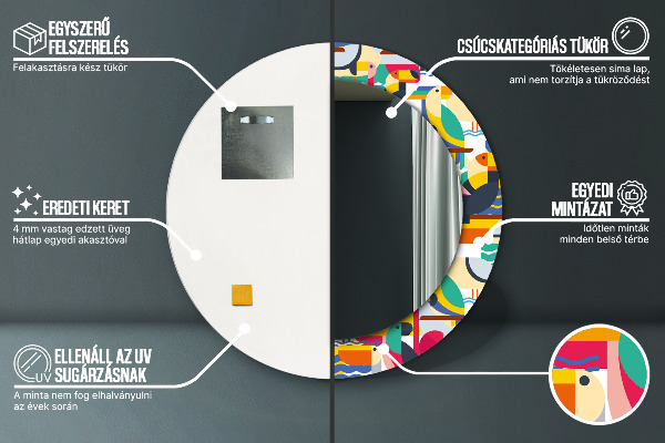 Miroir rond cadre avec impression Oiseaux tropicaux géométriques